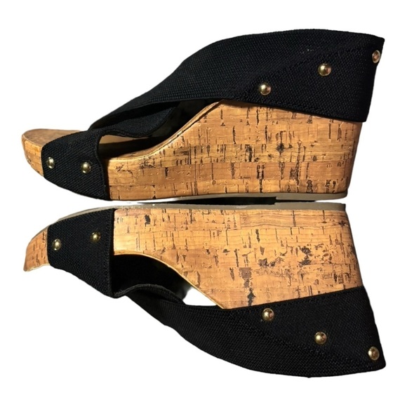 Montego Bay Black Criss Cross Strap Platform Cork Wedge Sandals Size 9.5 Shoes - Picture 8 of 10